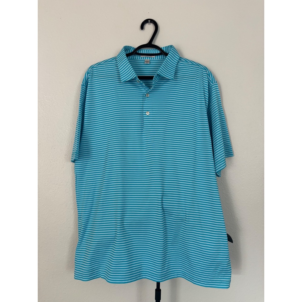Peter Millar Mens Large Polo Shirt Turquoise Blue White Striped Cotton Golf L